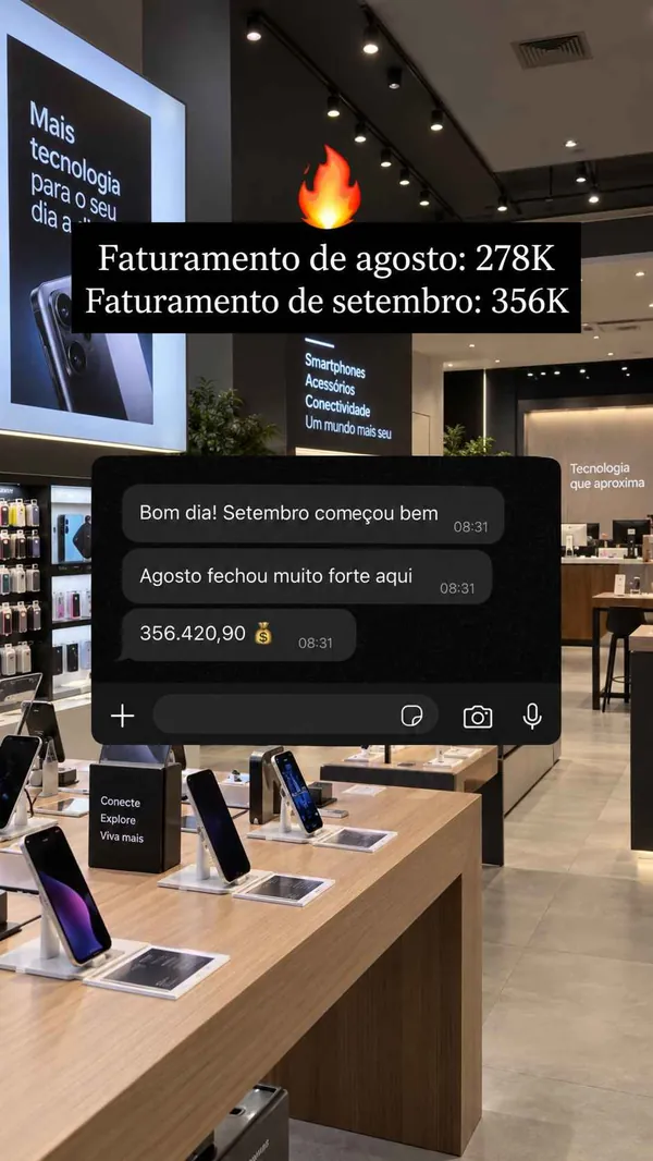 Print de conversa no WhatsApp: faturamento da loja subiu de 278 mil reais em agosto para 356 mil reais em setembro.